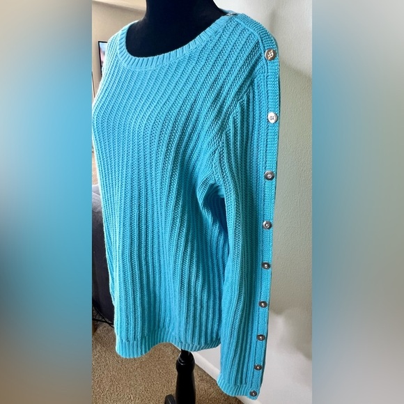 Talbots rib knit turquoise long sleeve sweater silver button detail Large EUC - Picture 5 of 6
